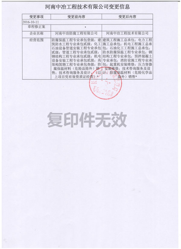 河南中冶防腐工程有限公司更名为河南中冶工程技术有限公司